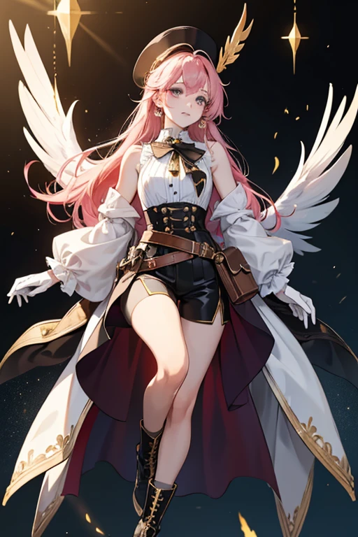 Charlotte grayish-pink hair,  wears a red cap with a gold-edged black brim, adorned with a black-and-white ribbon tied in a bow, golden studs, and a gold brooch with the form of a winged quill pen, complete with white feather. She wears a gold monocle with a dangling bow-shaped adornment over her left eye.

She wears a sleeveless and backless white collared shirt with diamond shaped gold buttons, with a black-and-gold ribbon tied in a bow around her neck, adorned with a round blue brooch resembling a camera lens. She has detached white sleeves with a ruffle at the ends. Over this is a short coat with red pumpkin sleeves ending in folded-back black cuffs and a black mantle-like top with gold trim connecting across her back. This is adorned with a black-and-white ribbon tied in a bow, secured with a gold brooch. On her hands she wears short white gloves with a small bow detail.

She wears black pleated shorts with gold details at the hem, over which she has a stiff, red, high-waisted overskirt with a slit over the right leg, gold details and gold trim, and two black straps at each side of the waist. This overskirt is secured by black and gold suspender straps. A wide white belt and thinner white strap with gold details sits across her hips, on which she hangs her camera in the front and a thin black journal on the back. A long, thin white strap dangles from where the journal is secured.

She wears a white pouch on her right leg, with her Pneuma-aligned Cryo Vision attached to the flap. She has short, red, heeled boots secured with a gold strap and white socks with black-trimmed cream fold over the tops of her shoes.  SPARKLE; GLITTER