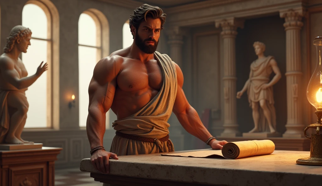 A young, attractive Stoic philosopher with a well-toned physique, short well-groomed beard, and neatly styled wavy hair stands in an ornate Roman office. His bronze skin glows in the soft light filtering through a large window with Roman columns. He wears a tunic with an open shoulder that reveals his muscular build. His expression shows frustration as he points accusingly at a scroll on a stone desk, symbolizing blaming someone else. The room is filled with rich wooden furniture, marble statues, and rolled-up scrolls. The light from an oil lamp flickers nearby, adding a warm ambiance to the setting.