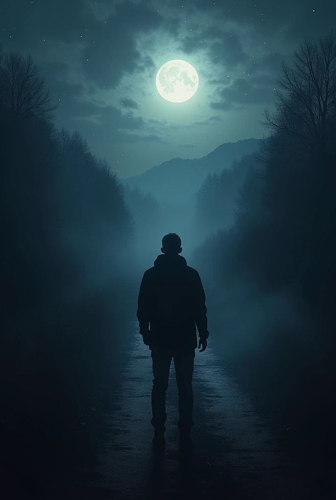Now make him look worriedly at the dark path in the night in front of him.
