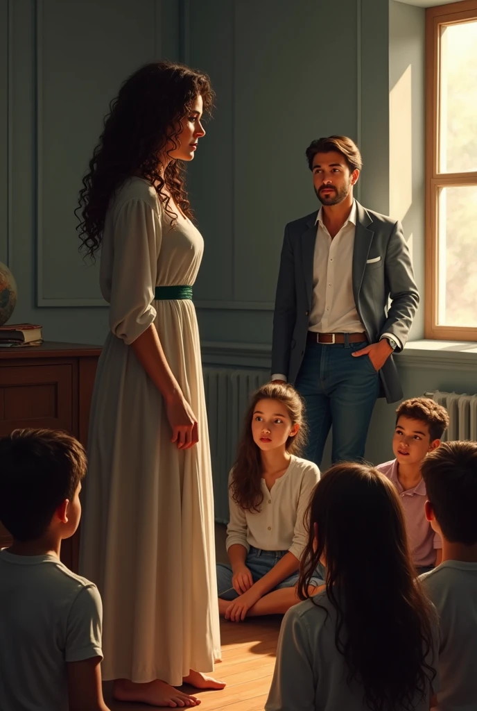 There were some young students sitting on the floor of a room, standing, facing them, they heard a brunette woman, already mature, with long curly hair, speak with authority and delicacy, this woman who stared at the young people while she spoke, wore a long dress, Near one of the windows, on the right side of the woman there was a man, leaning against one of the windows.