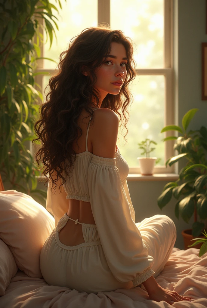 ed, wearing loose off-shoulder top, pajama pants, long curly hair, indoors, soft lighting, plants in background, window with sunlight, cozy room, relaxed p
