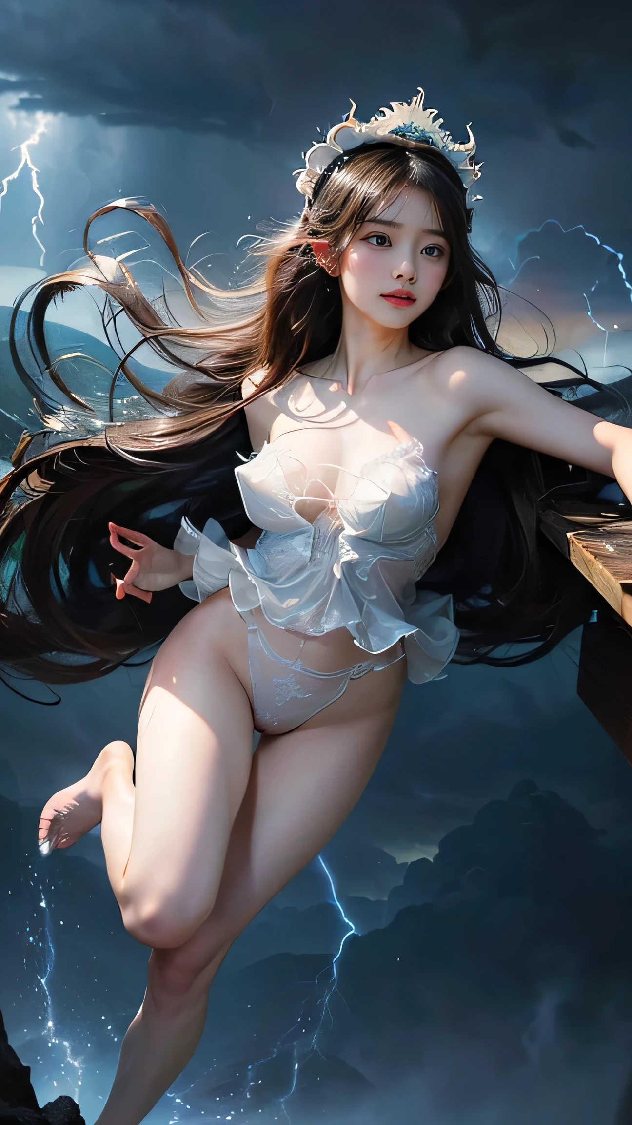 Highest quality,Realistic,masterpiece,detailed,High resolution,Cute , (masterpiece,  best quality,  dynamic angle),  full body shot,  (nsfw:1.4),  (in Greg Hildebrandt style:1.4), (masterpiece:1.2), (A female sentient storm cloud form constantly shifting and crackling with electricity, adorned with a swirling vortex of rain and hail, inspired by the raw power and unpredictability of weather phenomena, wearing unique Avant-garde masterpiece attire and headdress:1.1), (illuminated by flashes of lightning, against the backdrop of a vast and stormy sky filled with swirling clouds:1.1), (hyperdetailed:1.1), (intricate details:1.0), (Refined details:1.1), (best quality:1.1), highly detailed textures, (very stylish detailed modern haircut, mesmerizing detailed radiant face, mesmerizing detailed beautiful eyes:1.2)
