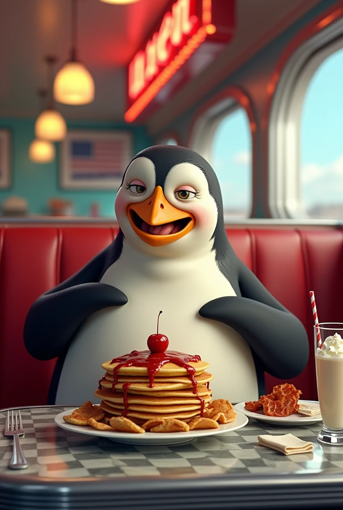 A bald penguin eating a lot in a diner