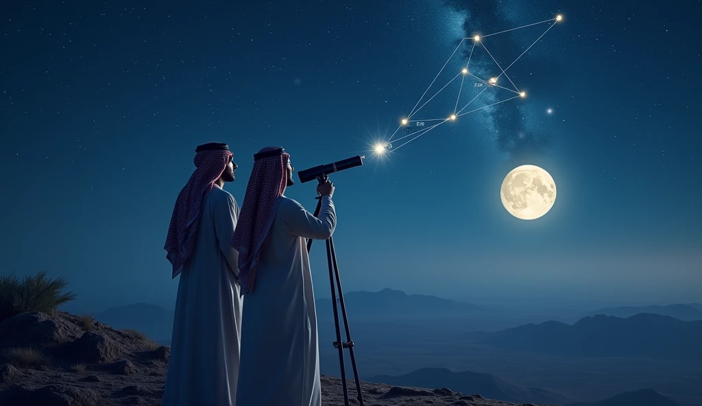 Visualize a Saudi couple, dressed in traditional clothes, standing on a lookout at night, observing a vast starry sky. They are looking through a telescope, that points to constellations that form shapes of goals and objectives. The full moon shines brightly behind them, and the stars in the sky are connected by bright lines that symbolize the steps to achieve goals. The scene conveys the clarity and vision needed to define and achieve goals..