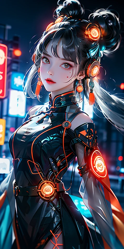 1 girl, Chinese_clothes, liquid silver and orange, cyberhan, cheongsam, cyberpunk city, dynamic pose, detailed luminous headphones, glowing hair accessories, long hair, glowing earrings, glowing necklace, cyberpunk, high-tech city, full of mechanical and futuristic elements, futuristic, technology, glowing neon, orange, orange light, transparent tulle, transparent streamers, laser, digital background urban sky, big moon, with vehicles, best quality, masterpiece, 8K, character edge light, Super high detail, high quality, the most beautiful woman in human beings, micro smile, face facing front and left and right symmetry, ear decoration, beautiful pupils, light effects, visual data, silver white hair, super detail facial texture