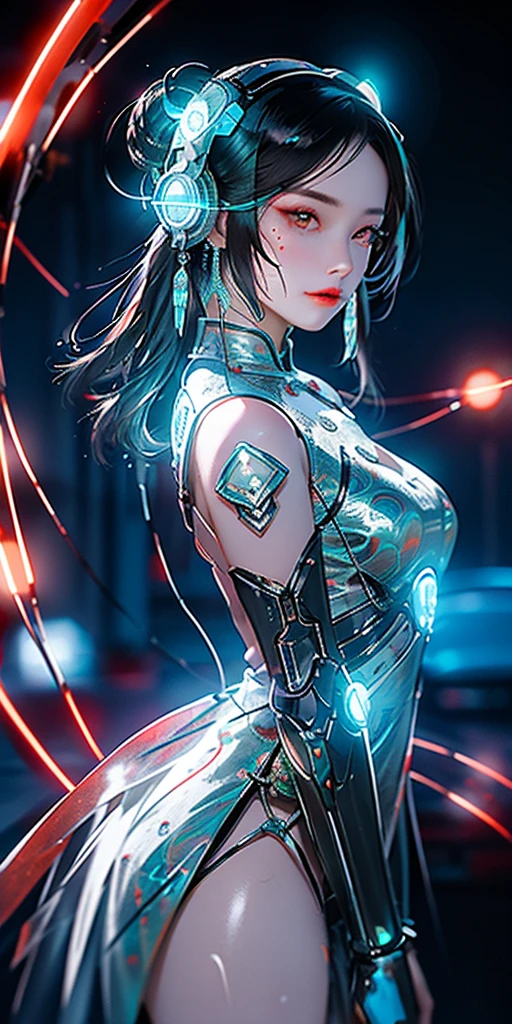 1 girl, Chinese_clothes, liquid silver and orange, cyberhan, cheongsam, cyberpunk city, dynamic pose, detailed luminous headphones, glowing hair accessories, long hair, glowing earrings, glowing necklace, cyberpunk, high-tech city, full of mechanical and futuristic elements, futuristic, technology, glowing neon, orange, orange light, transparent tulle, transparent streamers, laser, digital background urban sky, big moon, with vehicles, best quality, masterpiece, 8K, character edge light, Super high detail, high quality, the most beautiful woman in human beings, micro smile, face facing front and left and right symmetry, ear decoration, beautiful pupils, light effects, visual data, silver white hair, super detail facial texture