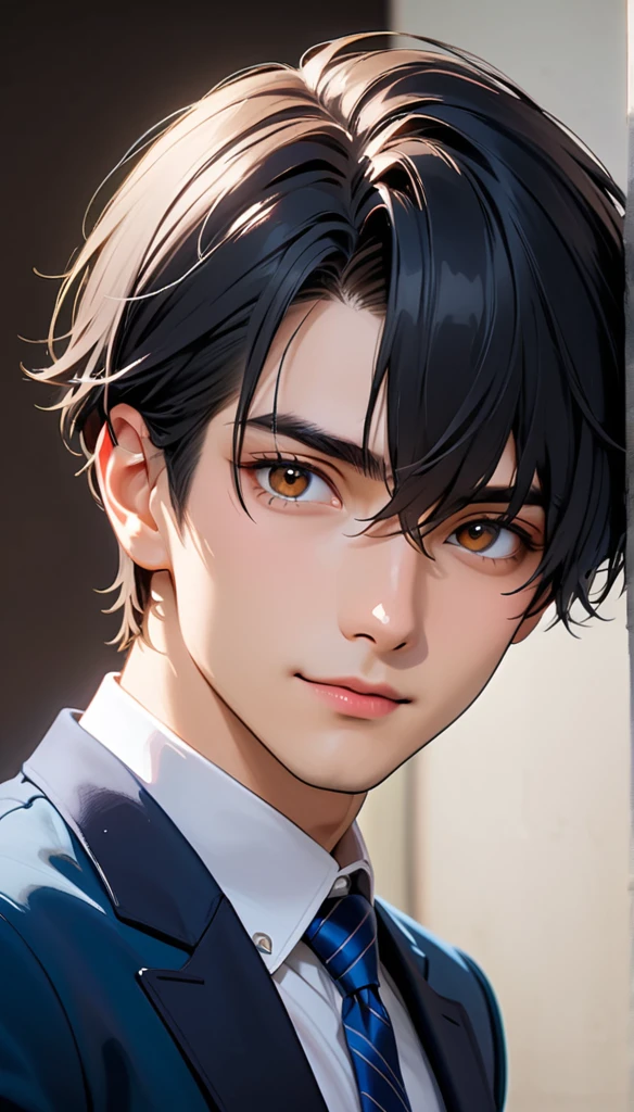 1handsome boy, solo, brown eyes,  perfect eyes, black Hair, very Short Hair, light smile,parted lips, blue blazer,Blue tie