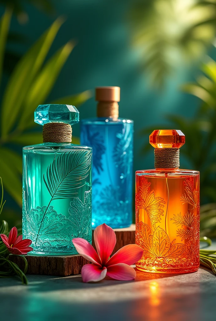 Three perfumes with a super tropical visual identity: one in aqua green color, another in blue and another in orange 