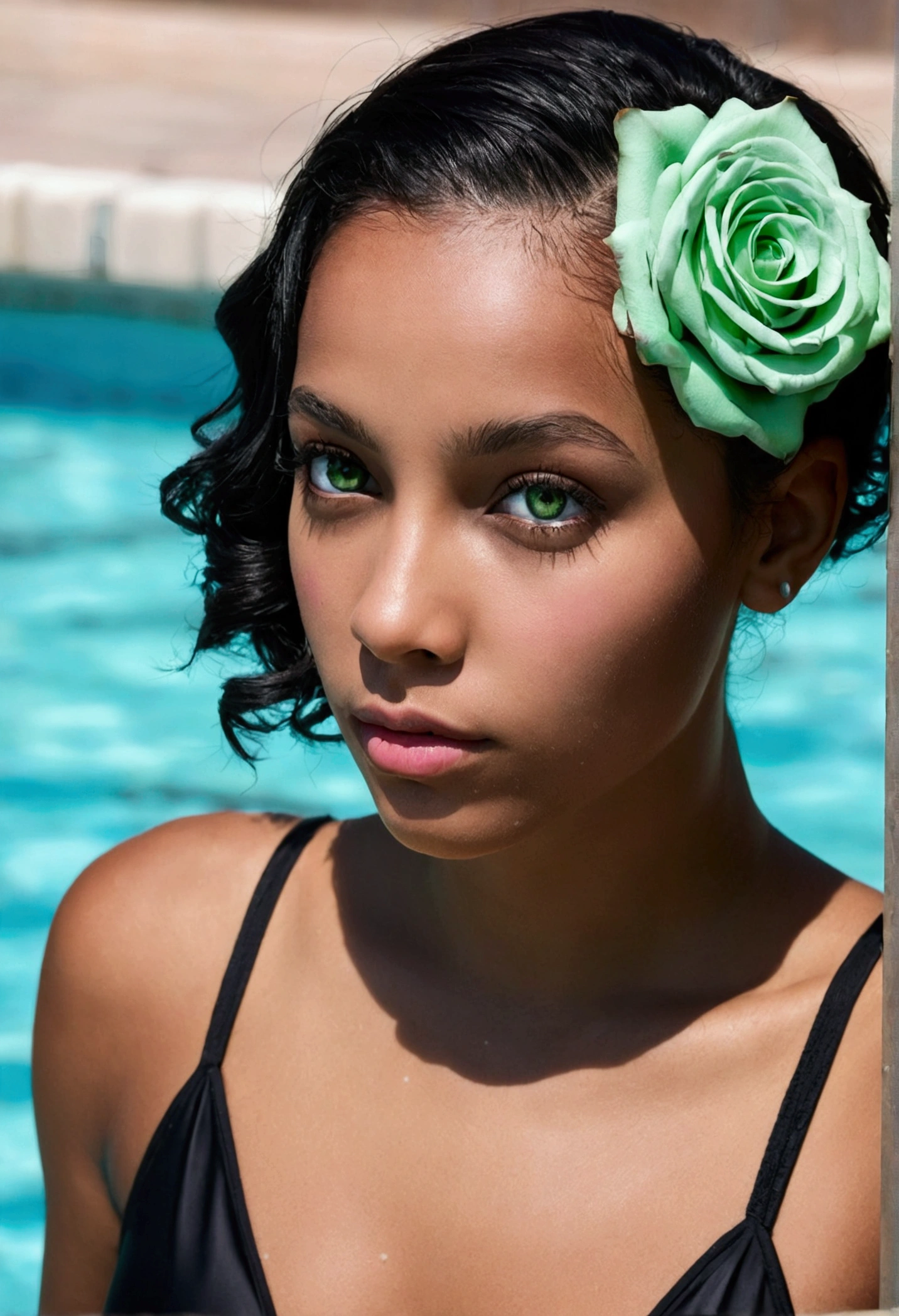 Fille yeux vert cheveux noirs réaliste maillot rose dans une piscine