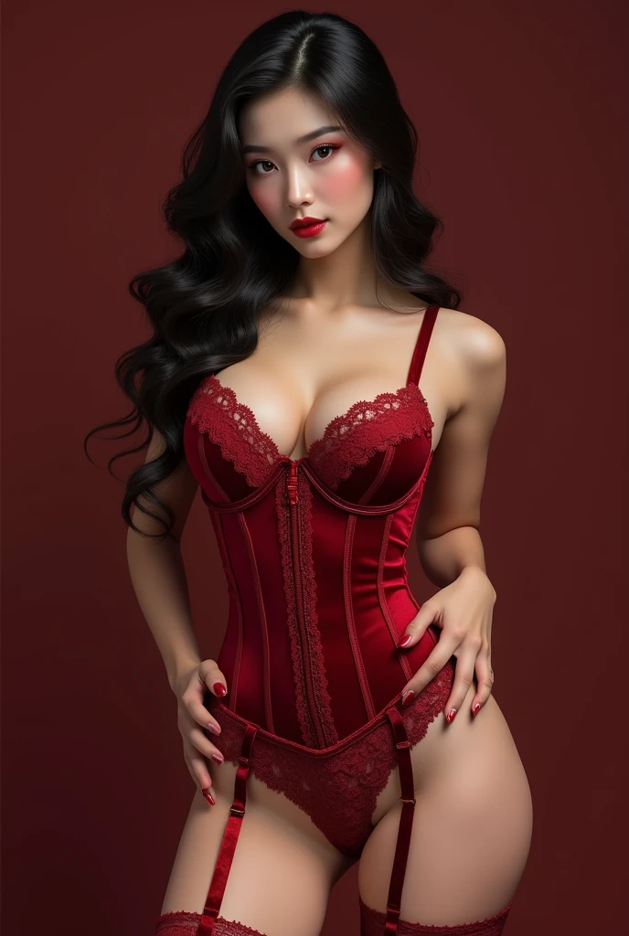 super hot asian babe wearing lace string lingerie, corset, garter belt, and stocking all in red velvet color. She has hourglass body, long toned legs, flat abs, and massive cleavage. 