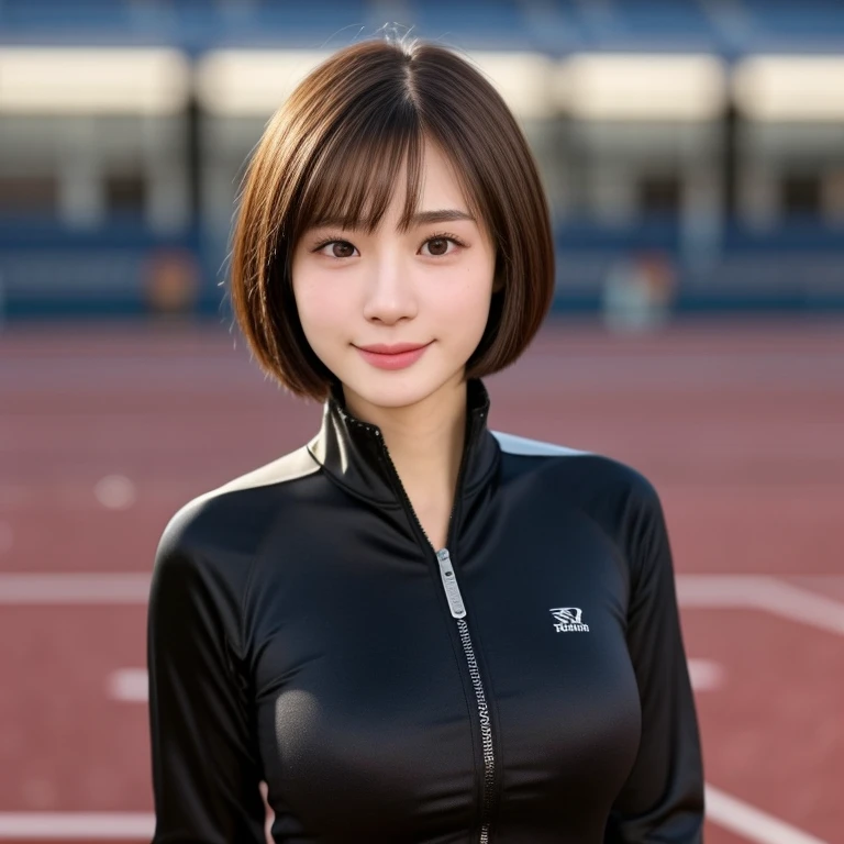 (kawaii 24 year-old Japanese girl, Nogizaka idol, Korean idol), healthy female athlete body, (glossy brown hair, short hair, pixie cut, bangs:1.3), (rounded face, beautiful black eyes, single eyelid, no makeup:1.2), (looking at viewer, soft smiling:1.3), (wearing zipped track jacket, sports leggins:1.3), perfect shaped extra small breasts, BREAK, (track and field stadium background:1.2), (dynamic angle, bust shot:1.3), BREAK, (masterpiece, best quality, photo realistic, official art:1.4), (UHD, 8K quality wallpaper, high resolution, raw photo, golden ratio:1.3), (shiny skin), professional lighting, physically based rendering, award winning, (highly detailed skin, extremely detailed face and eyes), Carl Zeiss 85 mm F/1.4, depth of field, 1girl, solo,