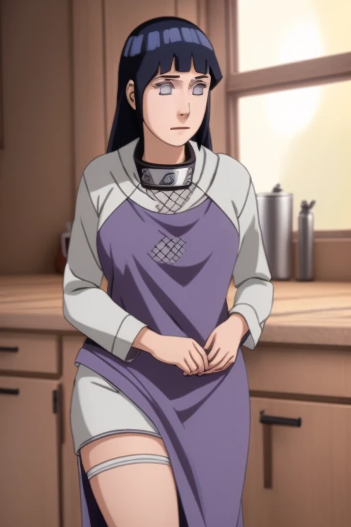 A beautiful young woman, Hinata Hyuuga from Naruto Shippuden, wearing only an apron in the kitchen, shy expression, extremely detailed face, beautiful eyes and lips, long eyelashes, intricate clothing folds, realistic skin textures, ultra-detailed and photorealistic, studio lighting, dramatic lighting, vibrant colors, cinematic composition
