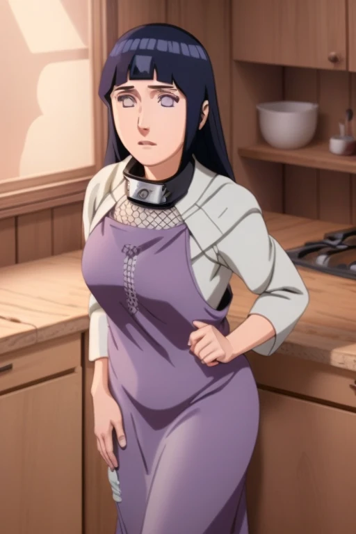 A beautiful young woman, Hinata Hyuuga from Naruto Shippuden, wearing only an apron in the kitchen, shy expression, extremely detailed face, beautiful eyes and lips, long eyelashes, intricate clothing folds, realistic skin textures, ultra-detailed and photorealistic, studio lighting, dramatic lighting, vibrant colors, cinematic composition
