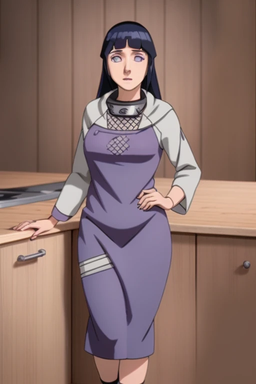 A beautiful young woman, Hinata Hyuuga from Naruto Shippuden, wearing only an apron in the kitchen, shy expression, extremely detailed face, beautiful eyes and lips, long eyelashes, intricate clothing folds, realistic skin textures, ultra-detailed and photorealistic, studio lighting, dramatic lighting, vibrant colors, cinematic composition