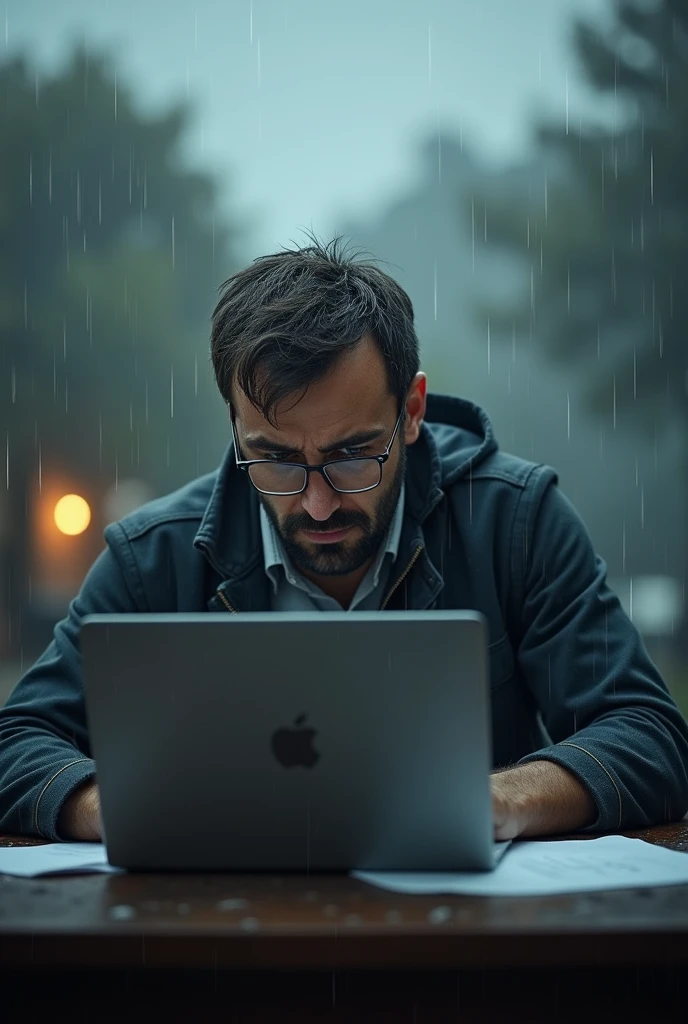 Angry teacher working on his computer in the rain outside .
