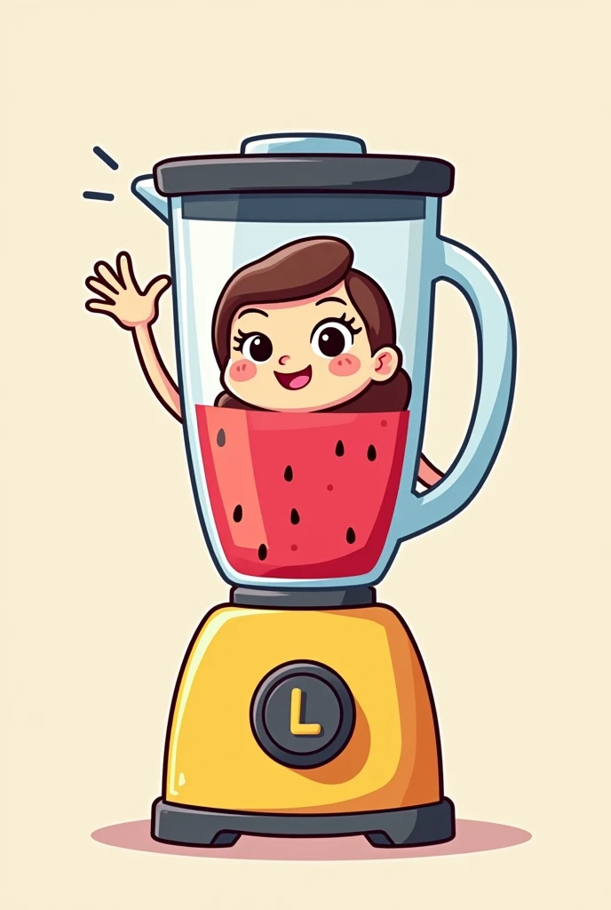 Blender jar type base with large motor, with watermelon red internal liquid ,que sea tipo cartoon network and que sea femenina que no tenga 
 nariz con ojos lindos haciendo un guiño con el ojo and una linda sonrisa and brazos largos and saludando con una de sus manos and la otra mano en la cintura,. And that at the bottom of the engine you have the letters (L) and (c) yellow color..