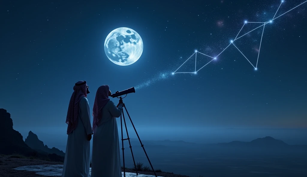 Visualize a Saudi couple, dressed in traditional clothes, standing on a lookout at night, observing a vast starry sky. They are looking through a telescope, that points to constellations that form shapes of goals and objectives. The full moon shines brightly behind them, and the stars in the sky are connected by bright lines that symbolize the steps to achieve goals. The scene conveys the clarity and vision needed to define and achieve goals..