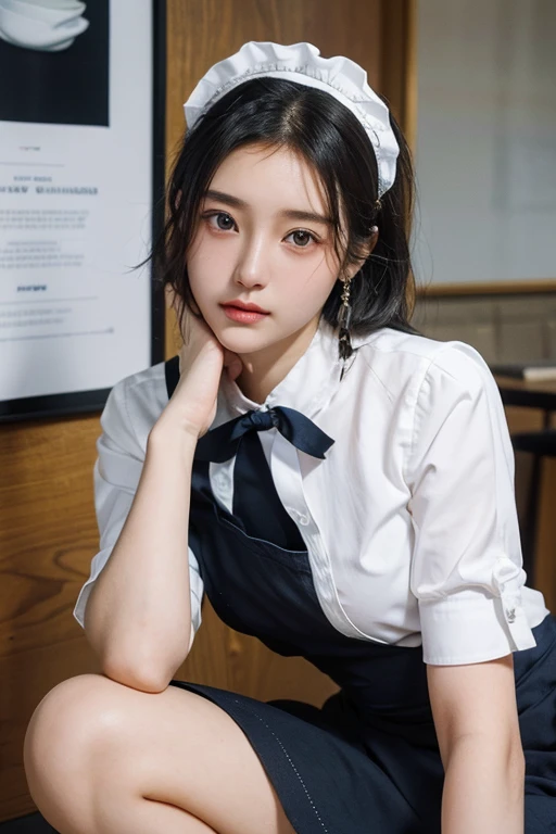 (2 pure Japanese girl,), (Small breasts:1.5,),(solo,,Textured skin, Detailed skin,Detailed face,Detailed eyes,detailed posing,Natural eyebrows,Sparkling Eyes,High detail, Highest quality, Super detailed, Surrealism, ,8k,RAW Photos,Photographicism,Professional Lighting,Ray Tracing,Portrait Photography,Soft Light),((Black Hair, Natural Makeup,Simple earrings, Bob Hair)),(((Cafe poster girl,Navy blue apron,Maid Head Accessories, White blouse,Composition above the knee)))