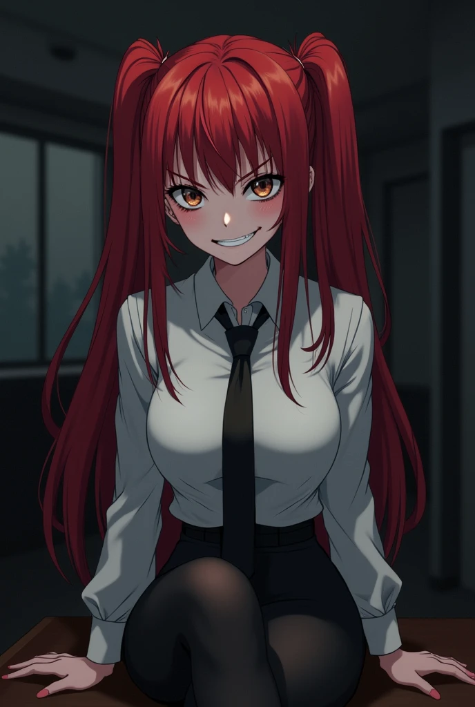 Create the following image: The image shows a young woman with red hair, tied in two long pigtails, each one on one side of his head, hazel brown eyes and white skin. She is sitting on the edge of a table, with his legs crossed and an evil smile on his face. Wear a white long-sleeved blouse, a black tie and a black skirt. The background is a dark office, and his eyes stand out in the darkness. anime style