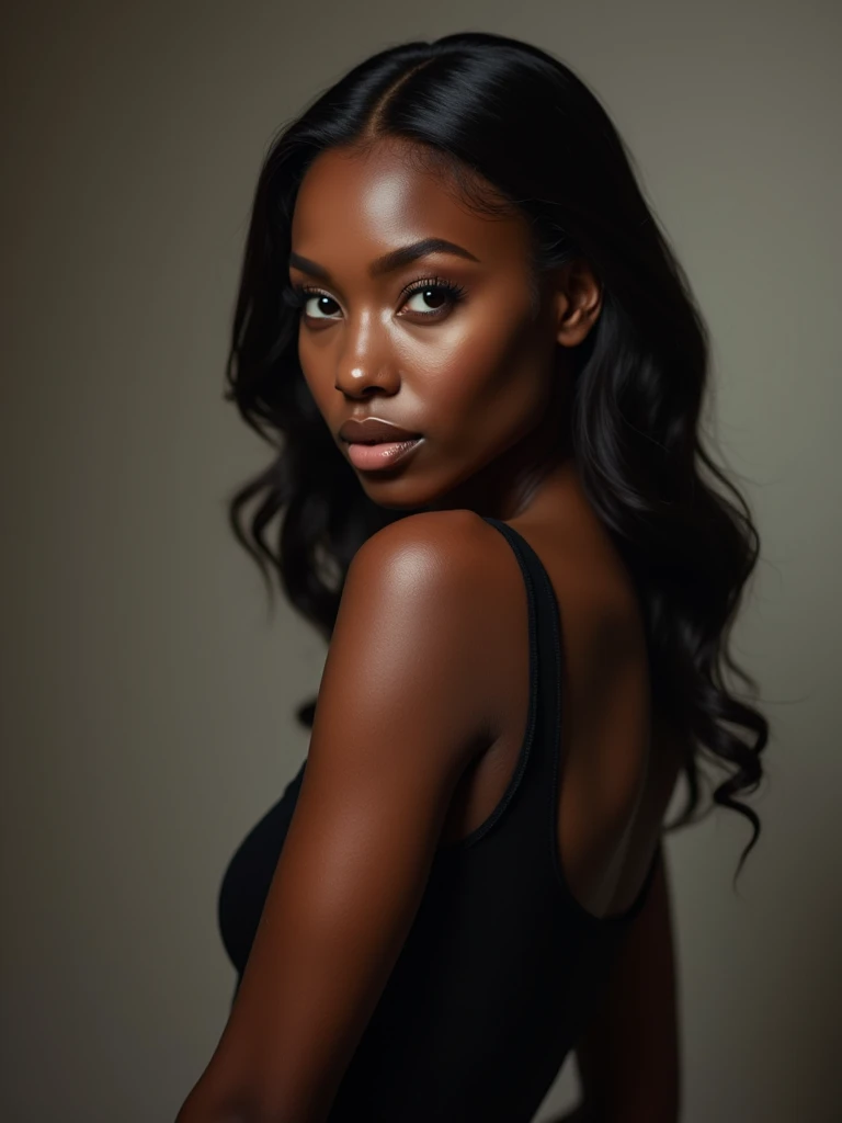 Create me a beautiful sexy black woman in front of the camera with clothes