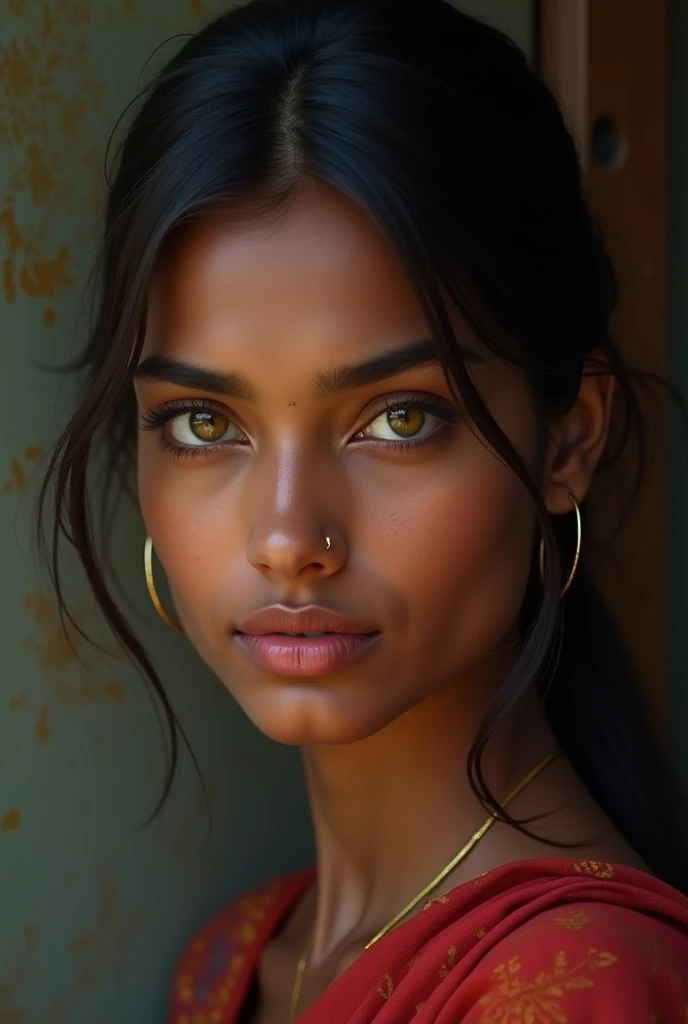 realistic young woman from india, smooth fur, Dark brown skin with light yellow eyes and a serious expression