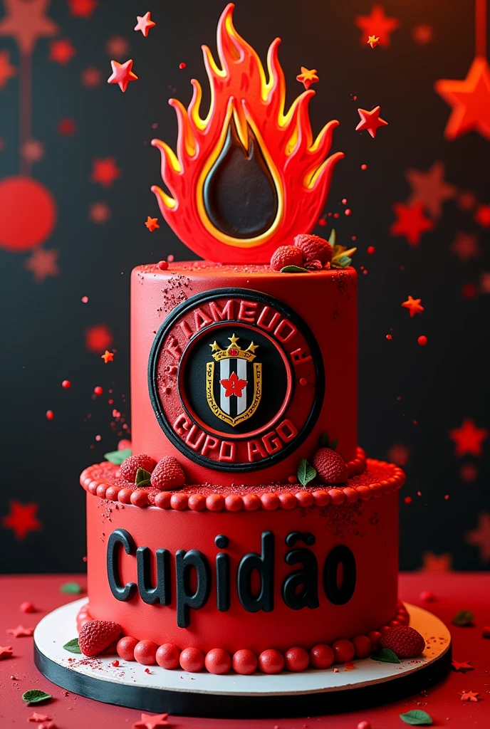 Flamengo themed cake with the name CUPIDÃO 55 years