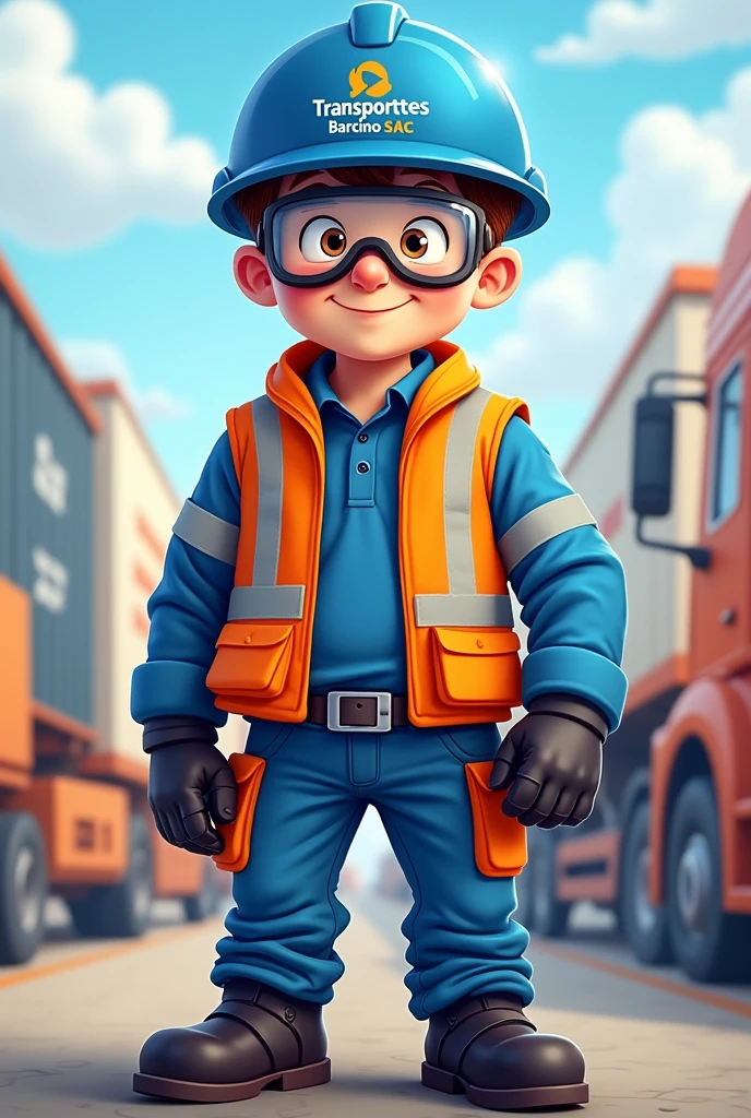 Cartoon of a transport driver wearing personal protective equipment with black boots, blue helmet, Orange vest with reflective tapes, Long sleeve polo with reflective tape and lead, Blue pants, Goggles and leather gloves. The logo must be on the helmet "TRANSPORTES BARCINO SAC"