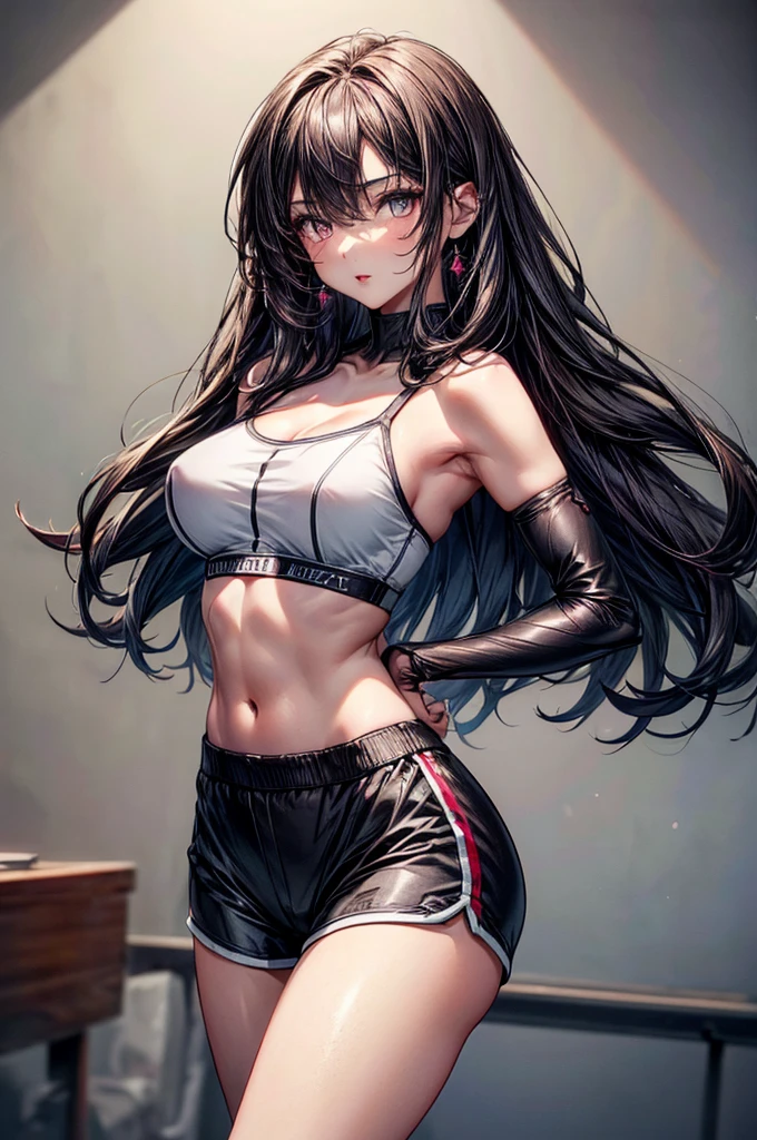 ((highest quality)),(ultra high resolution),(Super detailed), (best work of art), (ung girl:1.5), beautiful and well-shaped face:1.5,(Beautiful skin with precise and detailed depiction:1.6),(sports bra and waist band nylon shorts ),gorgeous, masterpiece, best quality, high-resolution, finely detailed, extremely detailed and beautiful, distinct-image, hourglass figure, 1 girl, 1 teen, solo, sharp facial features, oval shaped face. cherry red lips,. velvet-colored eyes, curvy wide hips, D-cup breasts, tall height(175cm), slim curves, toned body, waist length ink-black dark violet hair, small narrow waist, long and slender legs, lightly tanned white skin