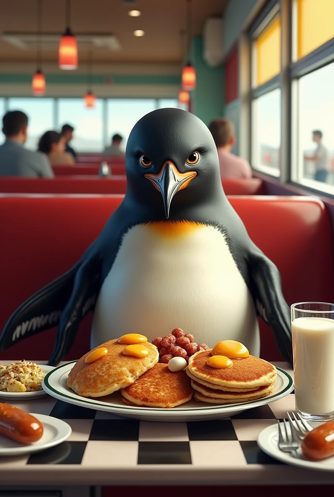 A bald male penguin eating a lot at a diner