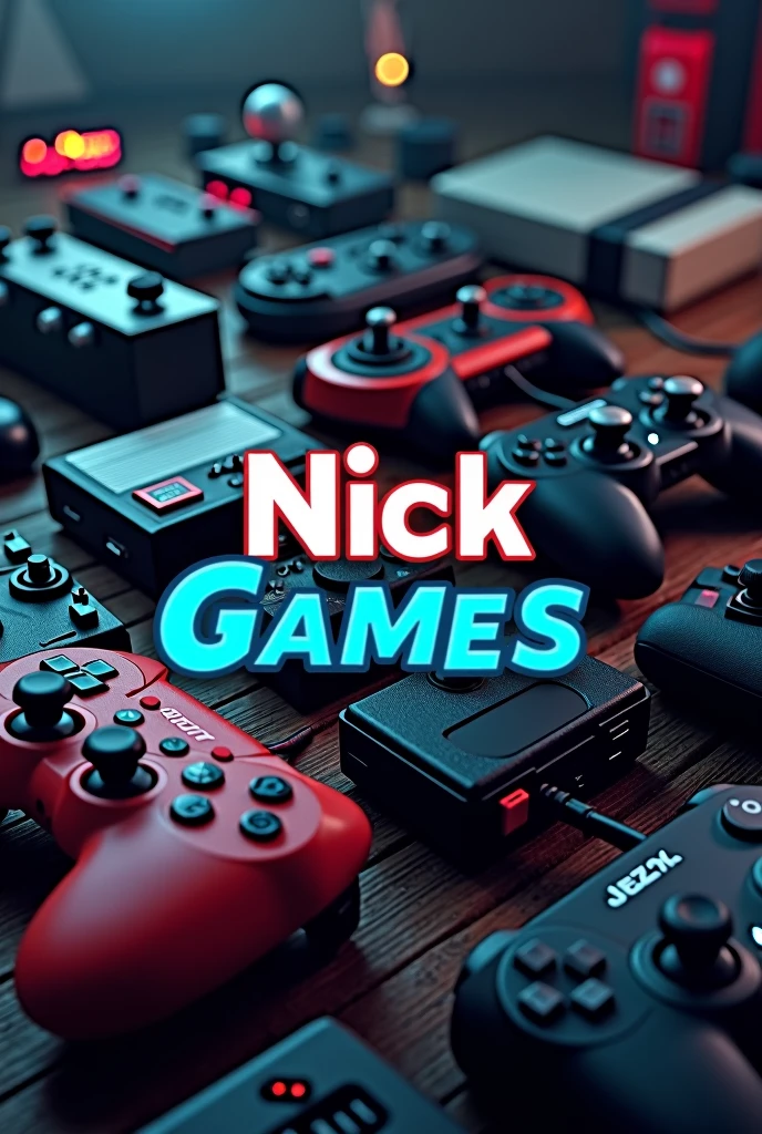 YouTube profile picture image of gamepads and the text 'Nick Games' in the center in blue. The background should have games and consoles and should not look like a drawing. 


