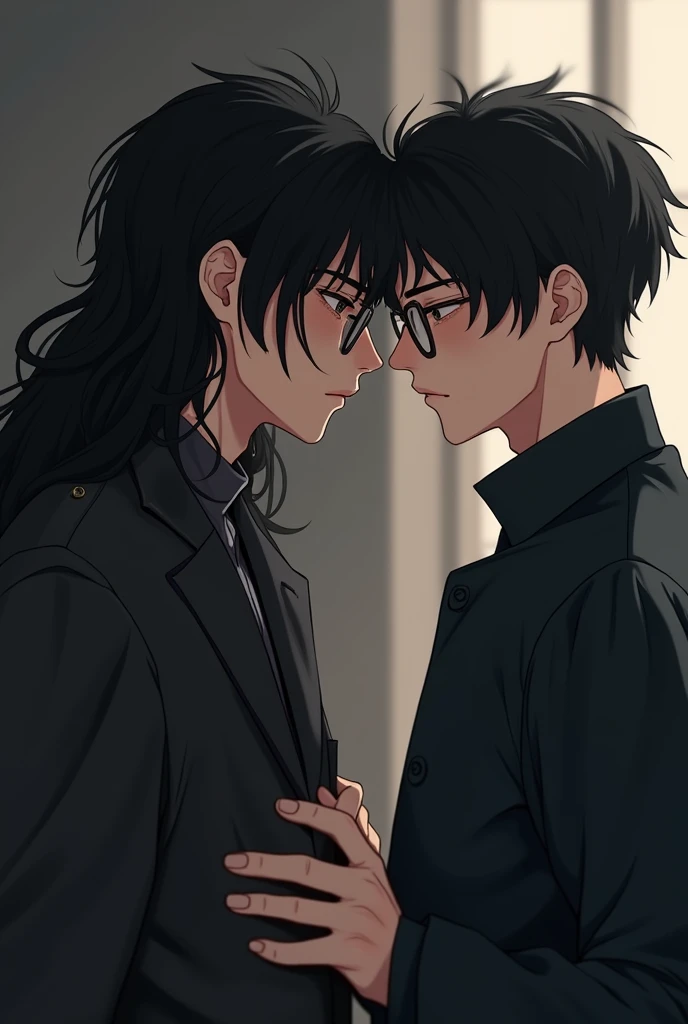 What would the image of two male best friends who love each other but have never said it to each other look like?, one of them likes the army and has long black hair and the other one likes magic and wears thin glasses and has black playboy style hair