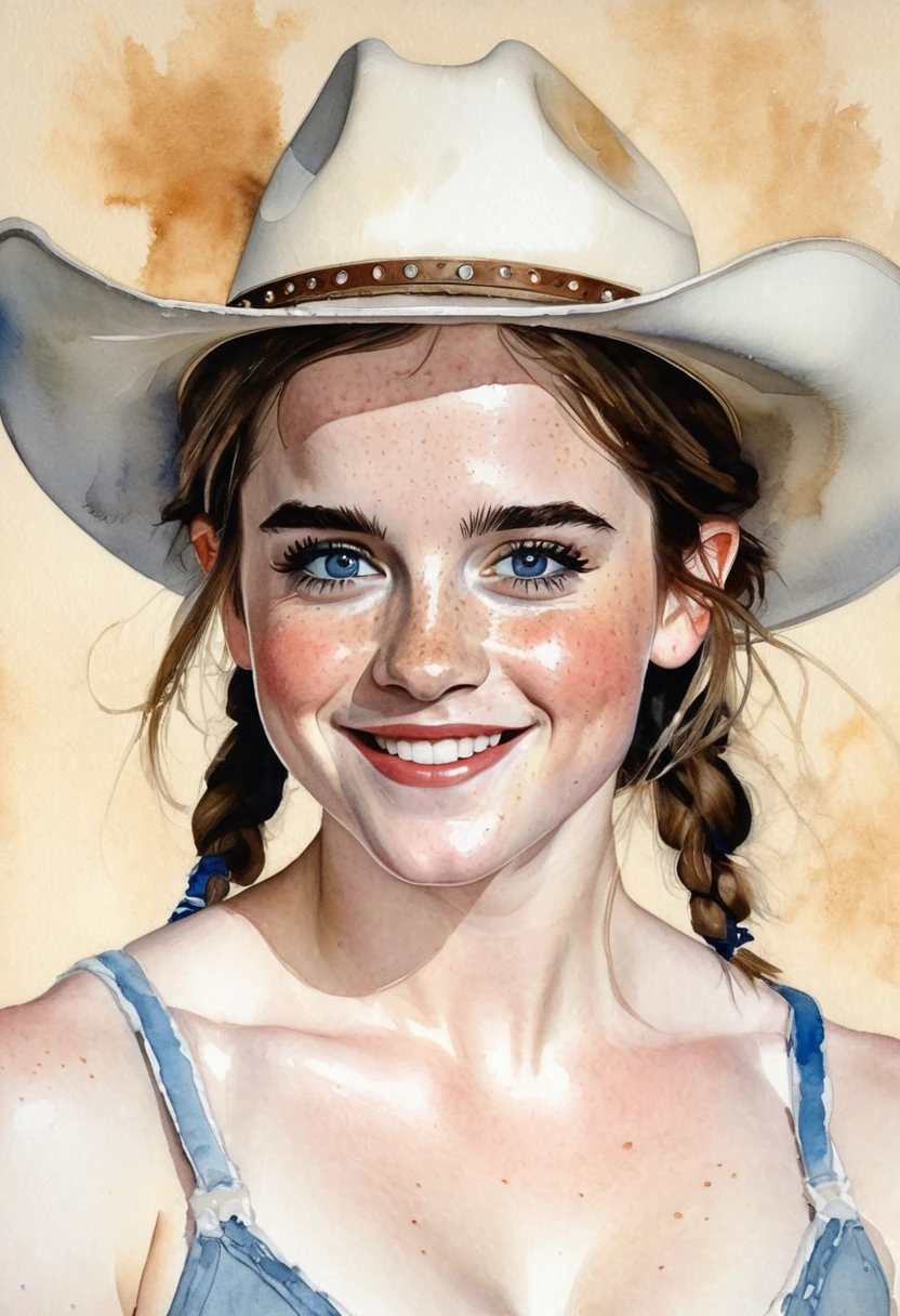 a watercolor painting of a ((pale skin)), defined muscles, six-pack abs, freckled, brunette 1 woman resembling Emma Watson, with blue eyes, blushing cheeks, pigtails, cowboy hat, naked, smiling, in the style of Norman Rockwell