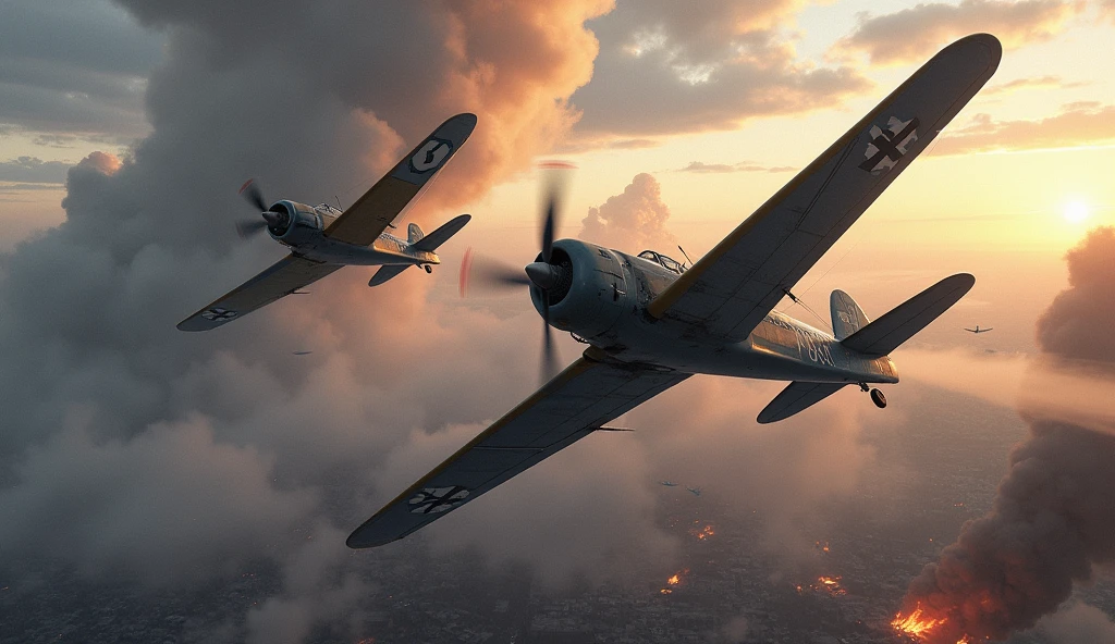 1500; (masterpiece, best quality) destroyed sky; battle in the air; war planes of 1917; Airco DH.9A. vs. Albatros D.II.