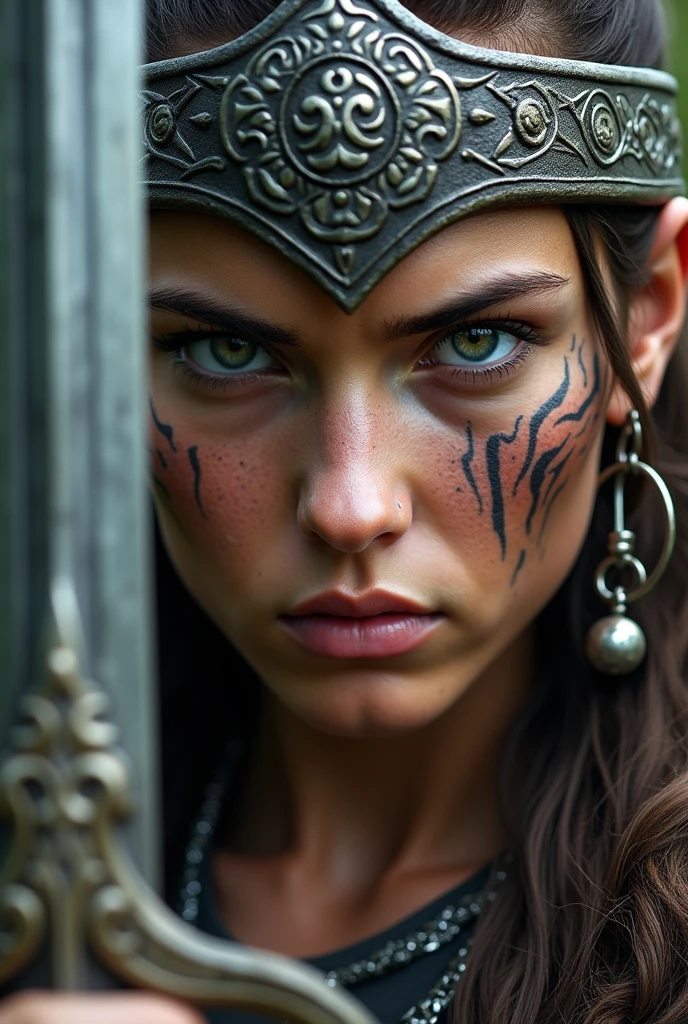 Close up viking warrior with sword in hand, young woman, sword next to the face, large head ornament , necklace on the neck,  painted face, make-up