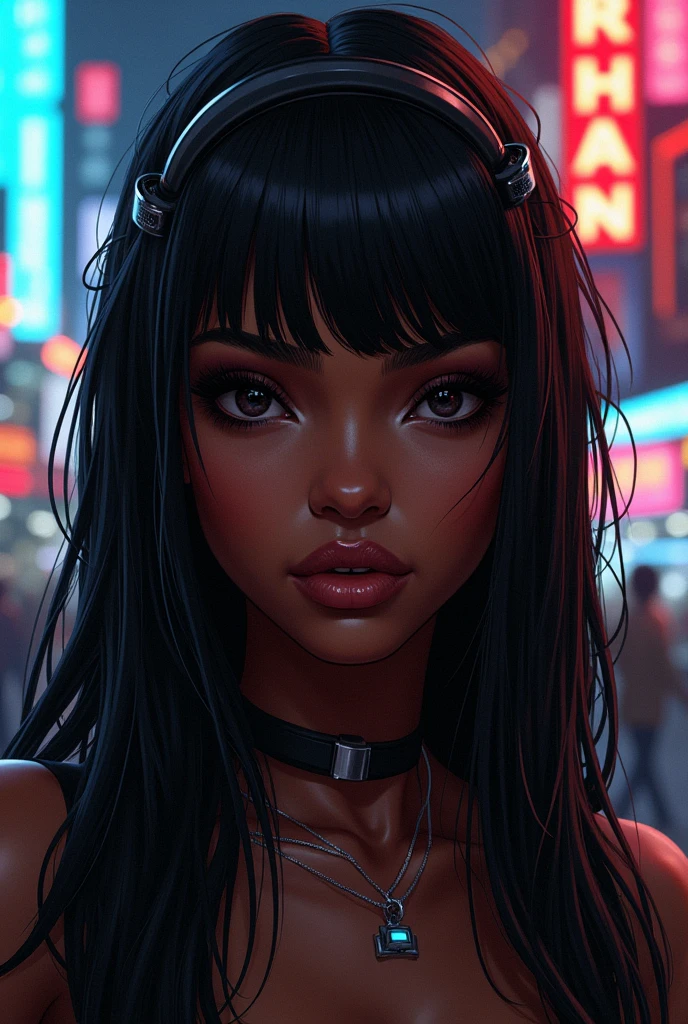 Black skinned woman with straight hair cyberpunk