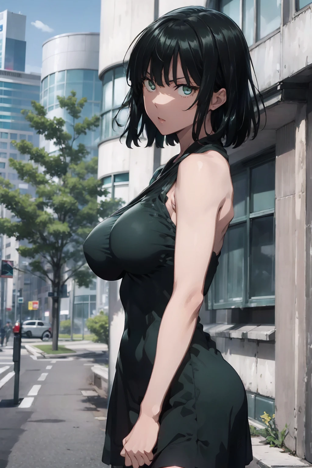 Fubuki from anime one punch man, fubuki, Best quality, Masterpiece, Ultra-detailed, Detailed light, (RAW photo:1.2), (Photorealistic:1.4),(Masterpiece:1.3),(Best quality:1.4), 1girll, Solo, Waist up, Long hair , don't have clothes，Naked of breast，huge tit，nacked hip，Giant buttocks，Golden breasts，Intimidation eyes, Tight dark green dress, stocking
