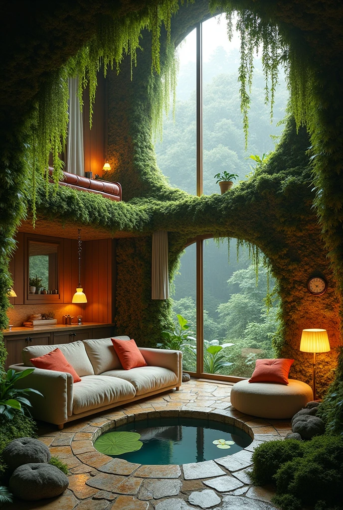 a cozy and aesthetic loft house but the interior is biopunk with lots of vines and lush
this also consists of a loft bedroom, a mini kitchen and bar, and an sunken living room
add moss and fungi everywhere
add a beautiful pond oustside of the window near the balcony