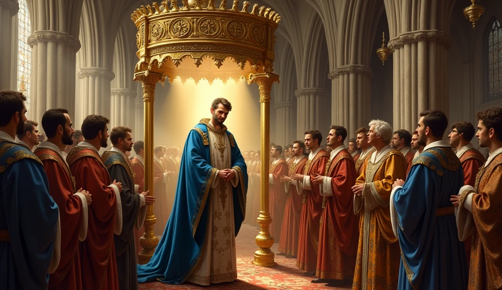 Create a richly detailed scene in the style of Edmund Blair Leighton, depicting the coronation of Philip of Valois as King of France. Philip stands beneath a grand canopy adorned with the fleur-de-lis, wearing a royal blue robe trimmed with gold. A high-ranking archbishop anoints him with holy oil, symbolizing divine authority, while he receives the crown with a solemn expression. Surrounding him are French nobles in vibrant medieval attire, their faces reflecting respect and intrigue. The Gothic cathedral features soaring arches, stained glass windows, and stone columns, with golden light streaming through, casting a divine glow on the ceremony, highlighting the formalization of Philip's claim amidst political tension., Surrealism, Hyperrealism, UHD, retina, masterpiece, accurate, anatomically correct, textured skin, super detail, high quality, 16k
