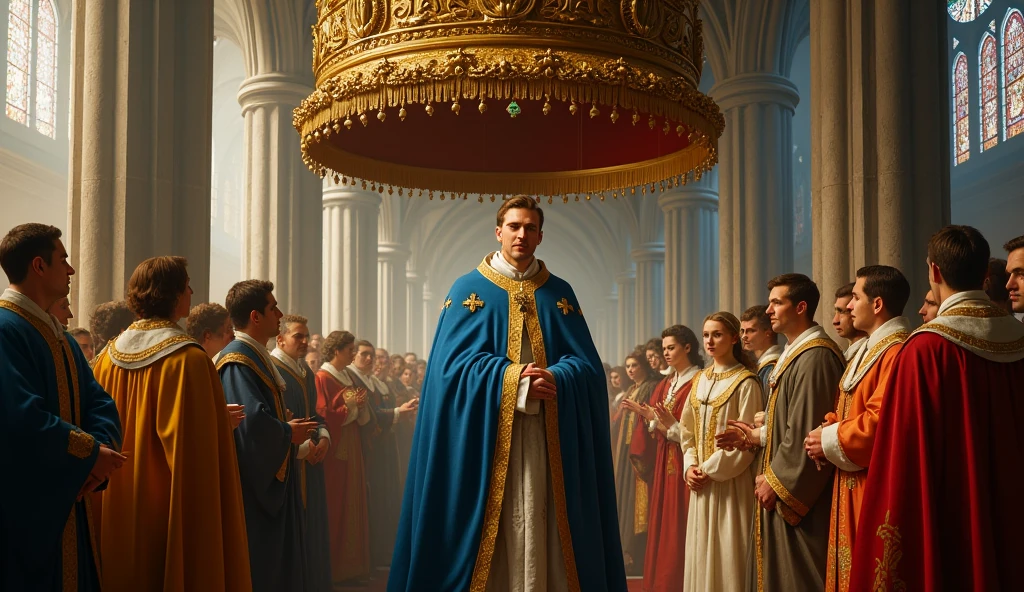 Create a richly detailed scene in the style of Edmund Blair Leighton, depicting the coronation of Philip of Valois as King of France. Philip stands beneath a grand canopy adorned with the fleur-de-lis, wearing a royal blue robe trimmed with gold. A high-ranking archbishop anoints him with holy oil, symbolizing divine authority, while he receives the crown with a solemn expression. Surrounding him are French nobles in vibrant medieval attire, their faces reflecting respect and intrigue. The Gothic cathedral features soaring arches, stained glass windows, and stone columns, with golden light streaming through, casting a divine glow on the ceremony, highlighting the formalization of Philip's claim amidst political tension., Surrealism, Hyperrealism, UHD, retina, masterpiece, accurate, anatomically correct, textured skin, super detail, high quality, 16k