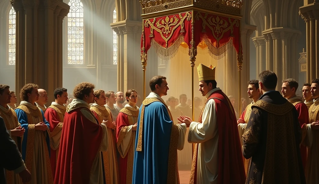 Create a richly detailed scene in the style of Edmund Blair Leighton, depicting the coronation of Philip of Valois as King of France. Philip stands beneath a grand canopy adorned with the fleur-de-lis, wearing a royal blue robe trimmed with gold. A high-ranking archbishop anoints him with holy oil, symbolizing divine authority, while he receives the crown with a solemn expression. Surrounding him are French nobles in vibrant medieval attire, their faces reflecting respect and intrigue. The Gothic cathedral features soaring arches, stained glass windows, and stone columns, with golden light streaming through, casting a divine glow on the ceremony, highlighting the formalization of Philip's claim amidst political tension., Surrealism, Hyperrealism, UHD, retina, masterpiece, accurate, anatomically correct, textured skin, super detail, high quality, 16k
