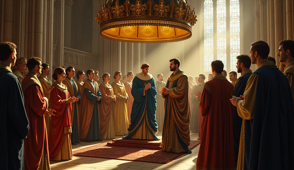 Create a richly detailed scene in the style of Edmund Blair Leighton, depicting the coronation of Philip of Valois as King of France. Philip stands beneath a grand canopy adorned with the fleur-de-lis, wearing a royal blue robe trimmed with gold. A high-ranking archbishop anoints him with holy oil, symbolizing divine authority, while he receives the crown with a solemn expression. Surrounding him are French nobles in vibrant medieval attire, their faces reflecting respect and intrigue. The Gothic cathedral features soaring arches, stained glass windows, and stone columns, with golden light streaming through, casting a divine glow on the ceremony, highlighting the formalization of Philip's claim amidst political tension., Surrealism, Hyperrealism, UHD, retina, masterpiece, accurate, anatomically correct, textured skin, super detail, high quality, 16k