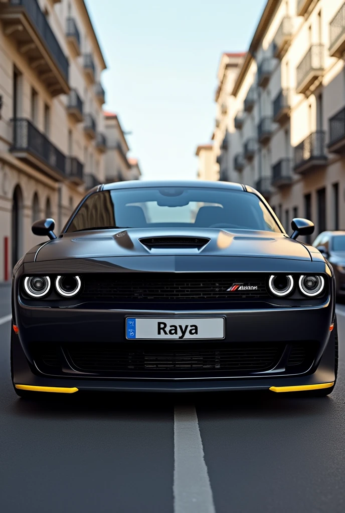 Create a picture of a dodge challangr srt hellcat with a german license plate and the name RAYA written on the öicense plate