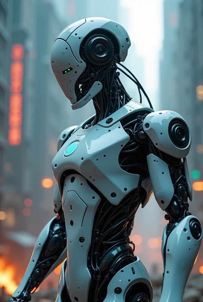 a highly detailed and realistic humanoid robot in a futuristic battle scene, cyborg, advanced ai, nvidia, xbot-l, 4ne-1, figure 02, intricate mechanical details, gears, wires, sleek metallic body, glowing blue energy, dynamic pose, cinematic lighting, dramatic shadows, complex background, advanced technology, sci-fi, cinematic, masterpiece, 8k, hyperrealistic