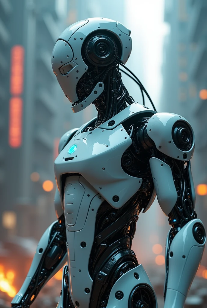 a highly detailed and realistic humanoid robot in a futuristic battle scene, cyborg, advanced ai, nvidia, xbot-l, 4ne-1, figure 02, intricate mechanical details, gears, wires, sleek metallic body, glowing blue energy, dynamic pose, cinematic lighting, dramatic shadows, complex background, advanced technology, sci-fi, cinematic, masterpiece, 8k, hyperrealistic