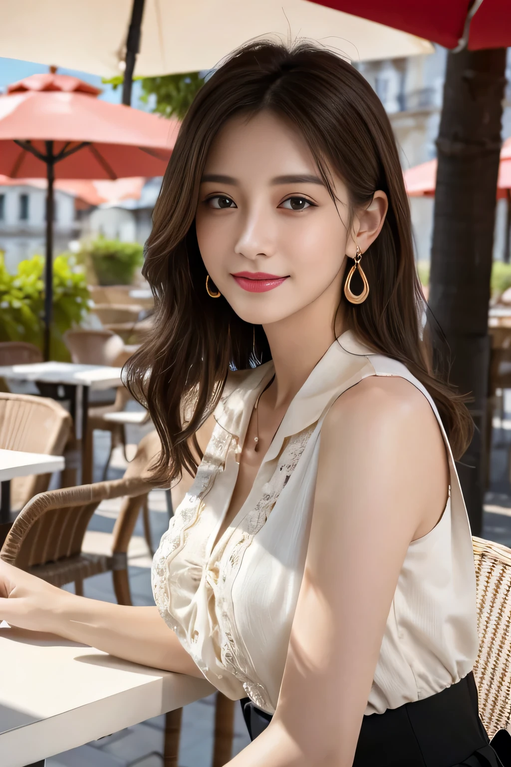 masterpiece, Highest quality, Realistic, Very detailed, Finer details, High resolution, 8k wallpaper, One beautiful woman,Wear a nice blouse, On the terrace of a lovely cafe, at noon, Light brown messy hair, Perfect dynamic composition, Beautiful and beautiful eyes、Big earrings、Sleeveless shirt、smile、