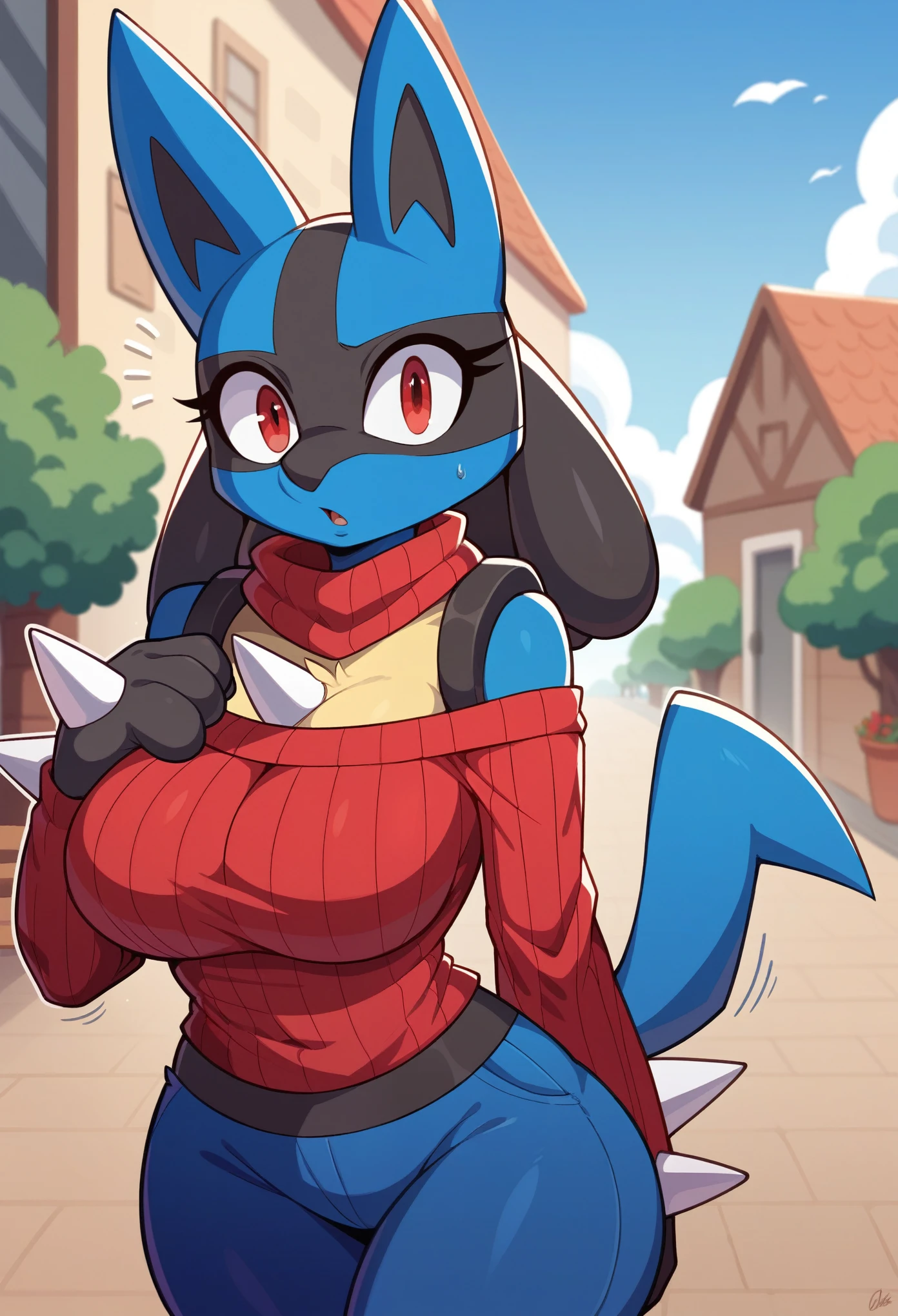 score_9, score_8_up, 2D, flat color, cafe background, Lucario as a Mobian, Mobian, masterpiece, Lucario, 1girl, furry, furry female, blue fur, blue and black hair, red eyes, looking at viewer, looking at viewer, 1girl, very detailed, extremely detailed, Lucario as a sonic the hedgehog series character, shocked expression, puzzled expression, sound lines, large bust, milf, spikes, wolf, red sweater, off shoulder sweater, red scarf, walking