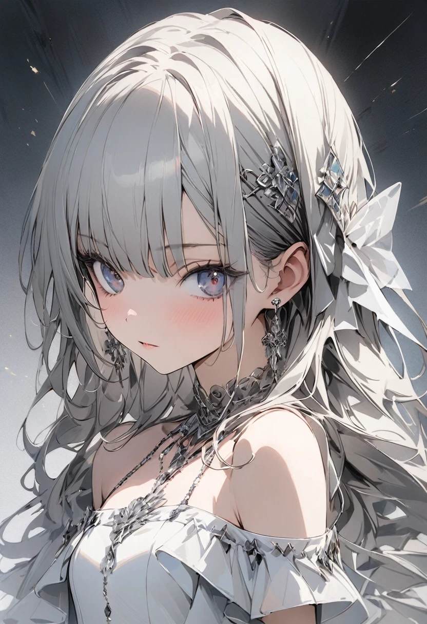 One person, slim,small breasts,bangs,silver long hair,Slope_eye, Diamond-shaped pupils, Royal type off-shoulder dress, Conceptual Art, masterpiece, Super Detail, Attention to detail, high quality, 最high quality, High resolution