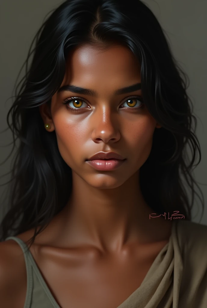 realistic young woman from india, smooth fur, Dark brown skin with light yellow eyes and a serious expression 
