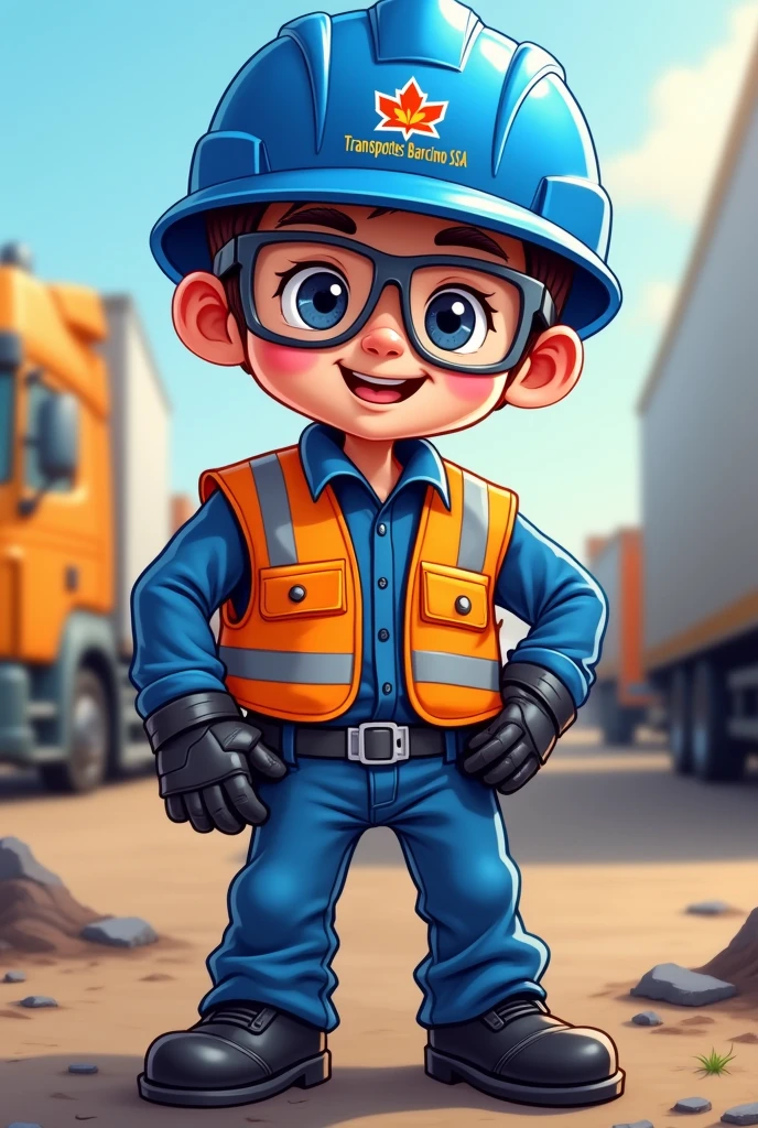 Cartoon of a transport driver wearing personal protective equipment with black boots, blue helmet, Orange vest with reflective tapes, Long sleeve polo with reflective tape and lead, Blue pants, Goggles and leather gloves. The logo must be on the helmet "TRANSPORTES BARCINO SAC"