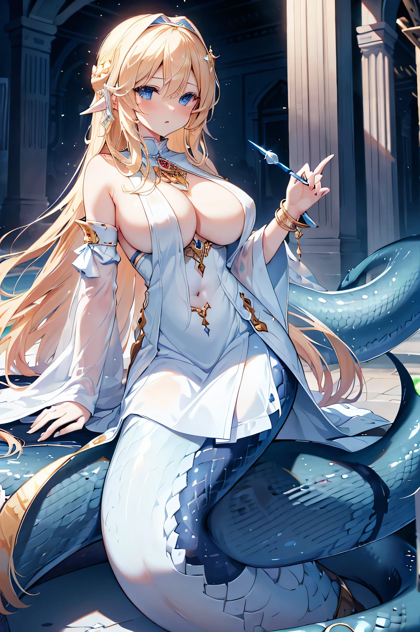 4K,High resolution,One Woman,lamia,Blonde,long hair,Blue Eyes,Big Breasts,goddess,White Holy Dress,hair band,Jewelry decoration,Holy Sword,temple